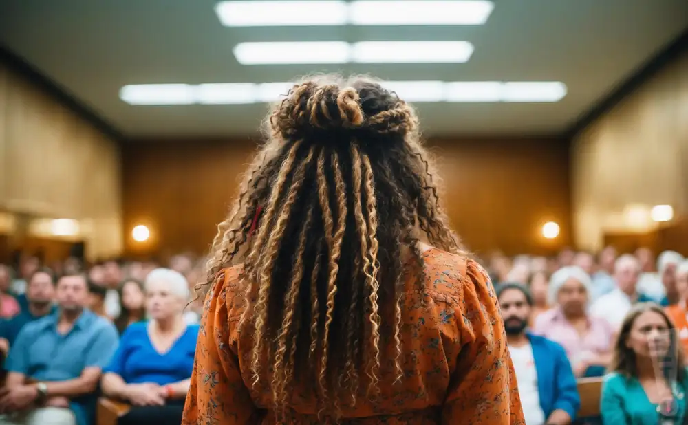 photograph of valerie june giving a lecture of a full audience of people in an indoor theater